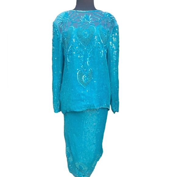 Vtg Turquoise Seguin Floral Applique Sheer Panel Blouse And Skirt Coord Set L - Picture 1 of 9